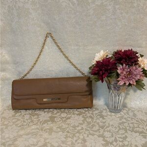 BCBGMaxAzria Tan Leather Double Flap Clutch with Gold Chain